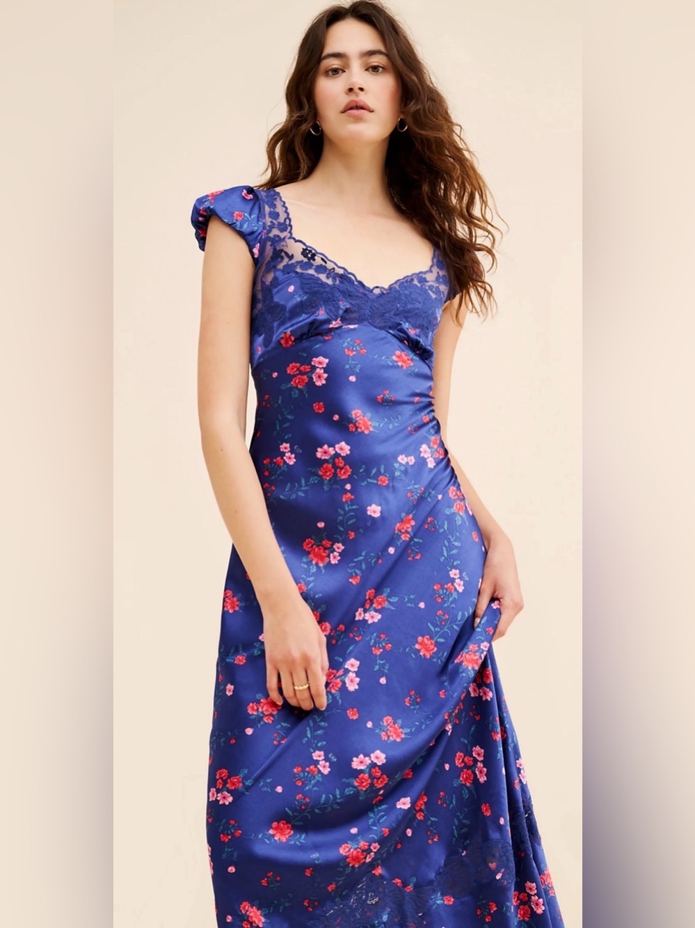 Free People Butterfly Babe Maxi Dress Blue Floral Lace Open Back L